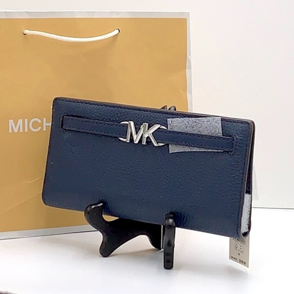 Michael Kors Reed Large Bifold Pebbled Leather Snap Wallet Card Case Navy NWT